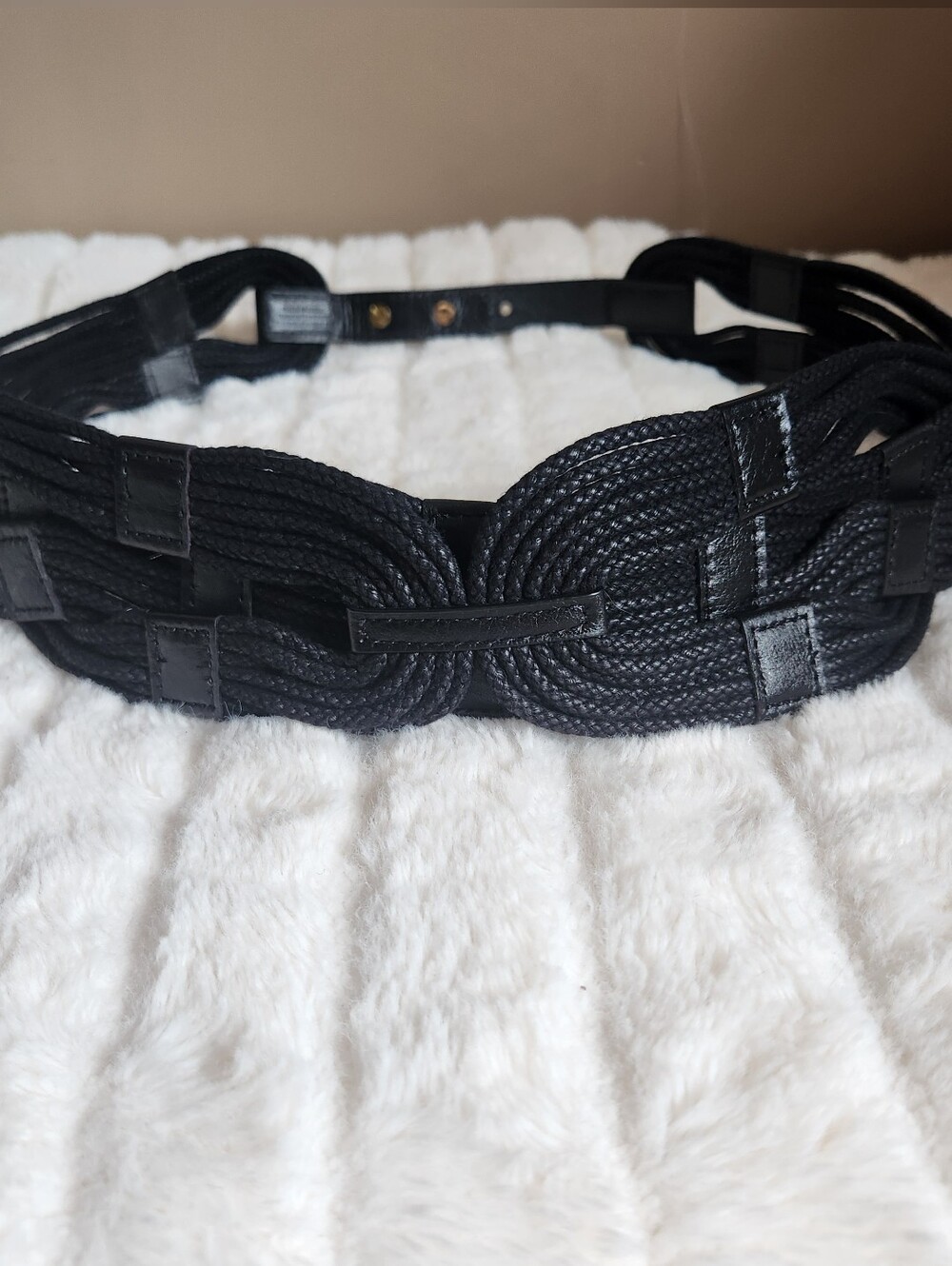 Vintage Boho Black Woven Cotton Rope Belt Leather Trim Gold Snap Closure Minimal